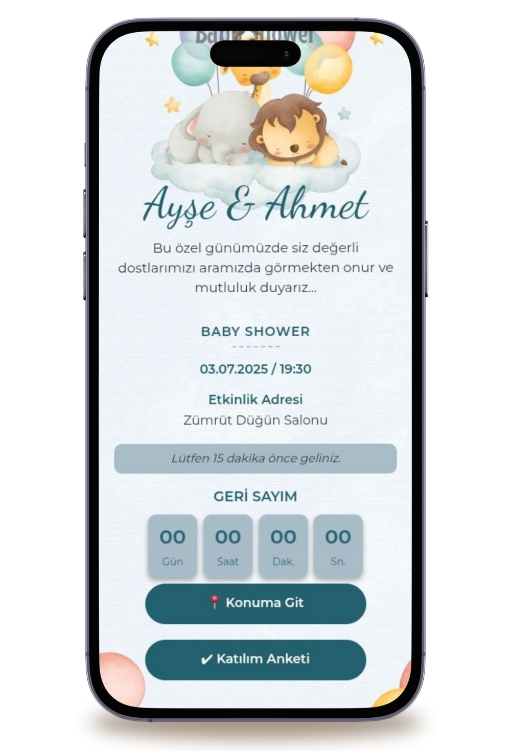 Animal Dijital Baby Shower Davetiyesi + Karşılama Posteri Hediyeli