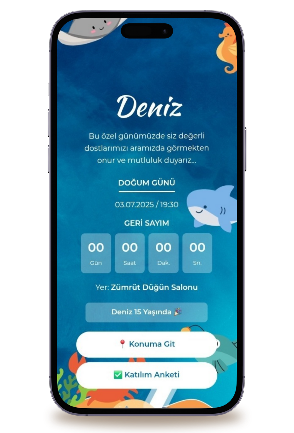 Deniz Dijital Doğum Günü Davetiyesi + Karşılama Posteri Hediyeli