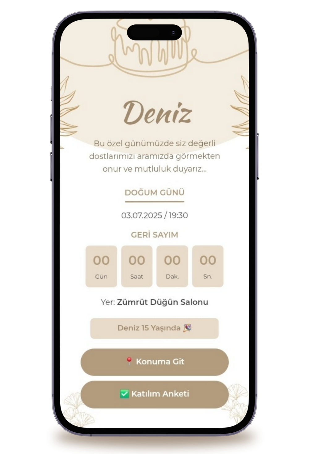 Krem Dijital Doğum Günü Davetiyesi + Karşılama Posteri Hediyeli