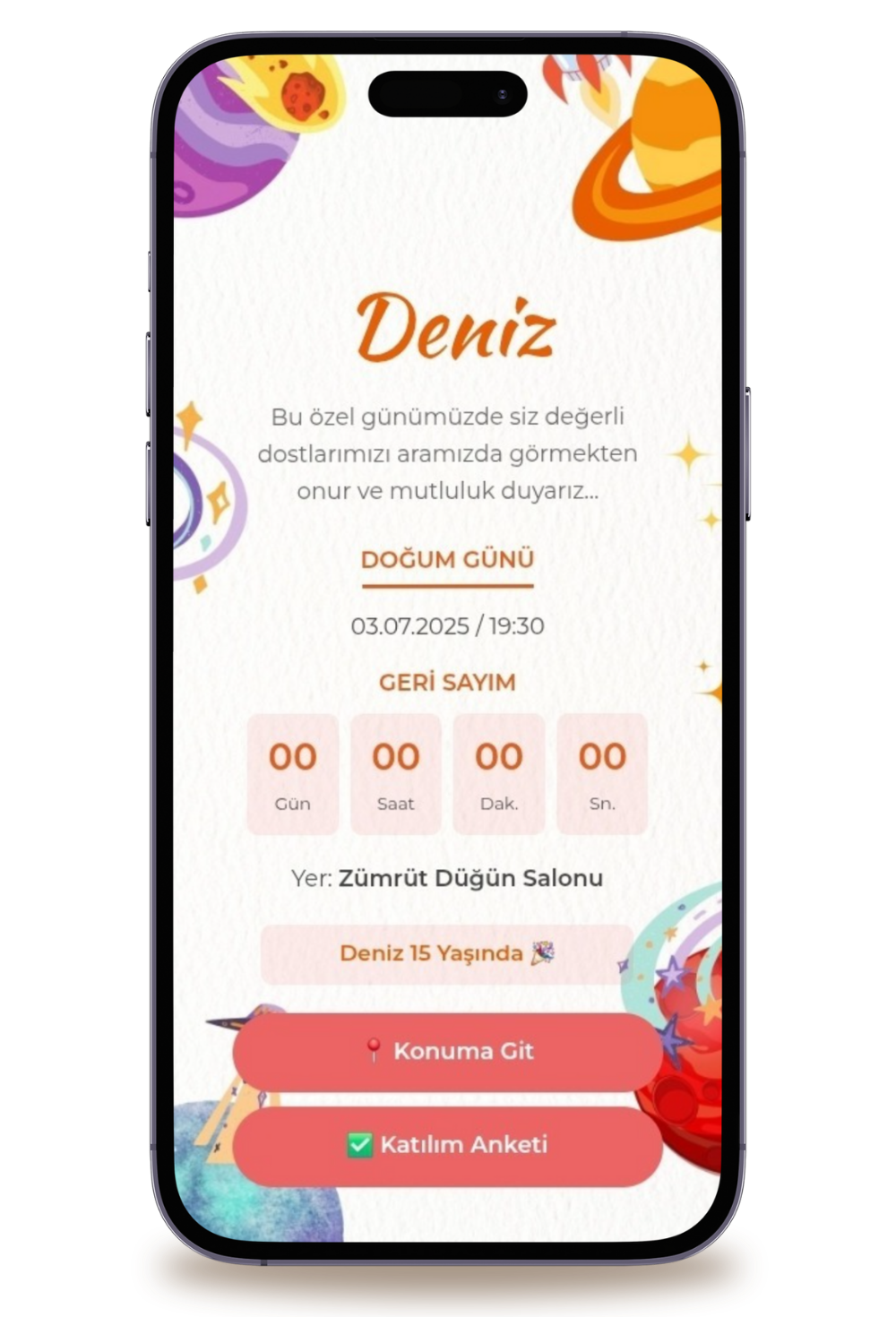 Space Dijital Doğum Günü Davetiyesi + Karşılama Posteri Hediyeli