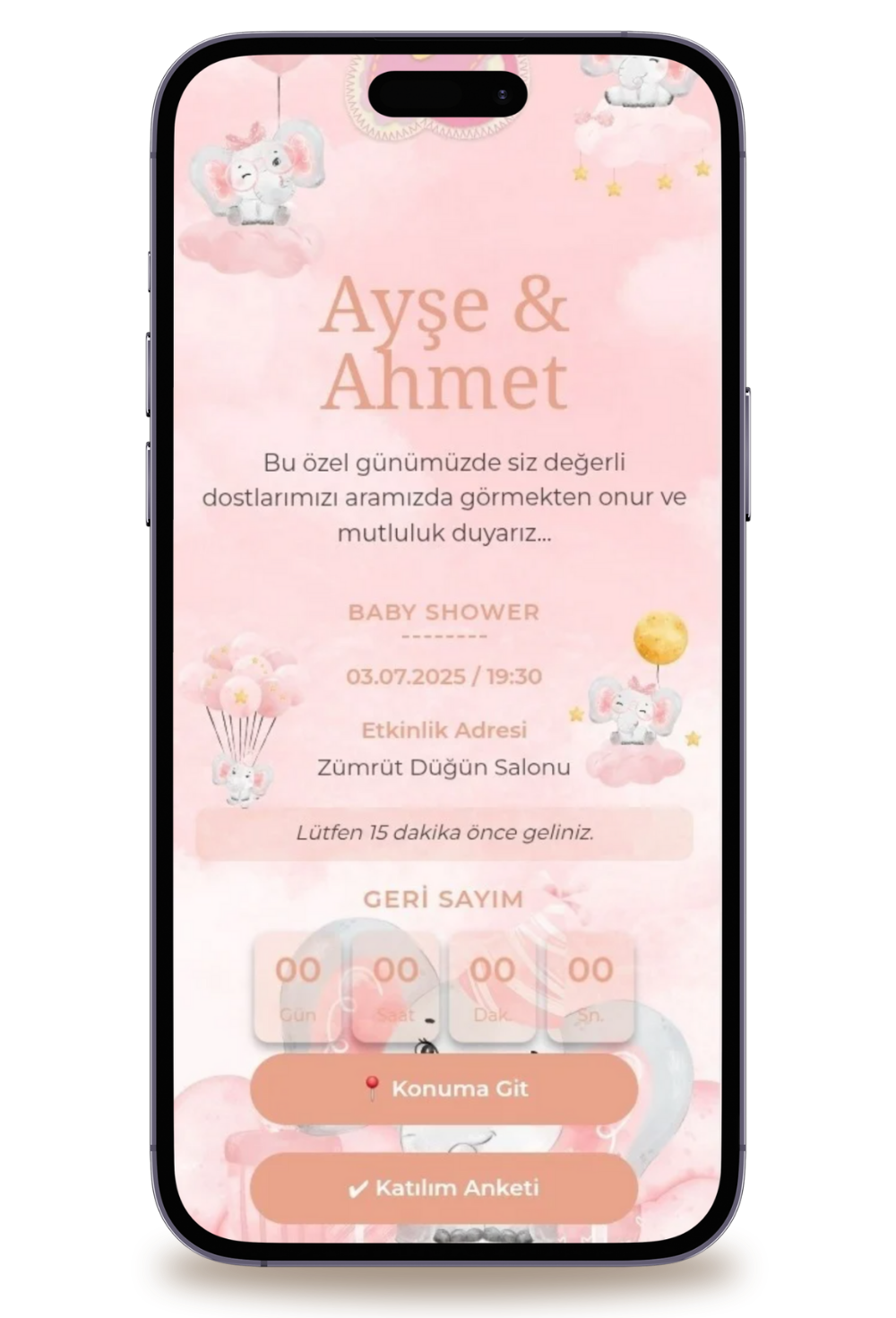 Elephant Dijital Baby Shower Davetiyesi + Karşılama Posteri Hediyeli