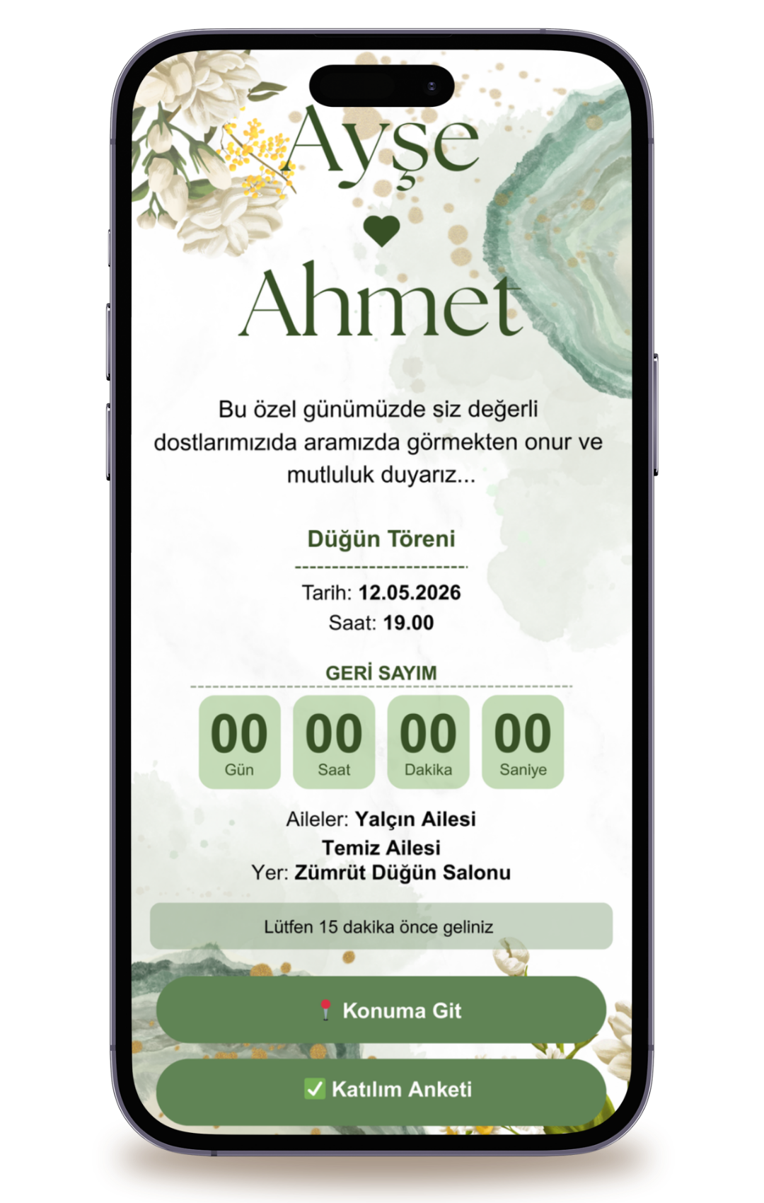 Yeşil Dijital Davetiye + Karşılama Posteri Hediyeli